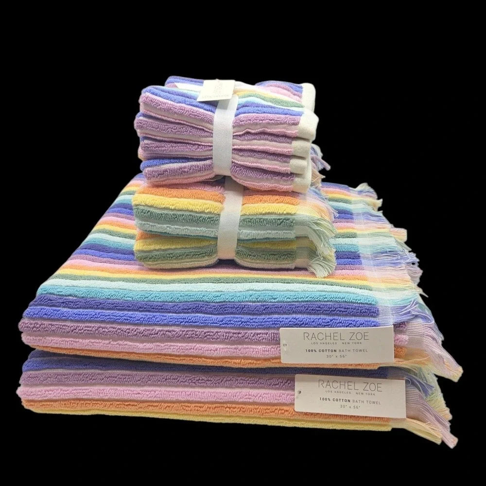 Rachel Zoe 8pc Rainbow Striped Fringe Cotton Towel Set 2 Bath 4Wash 2Hand Multi